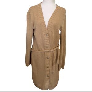 Women’s Tan Beige Button Long Knit Cotton Cardigan Belted Duster S/M Festival